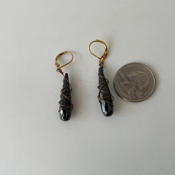 Tourmaline Bar Glass Earrings Drop Dangle Wire-Wrapped Lever Back Black - Picture 5 of 5